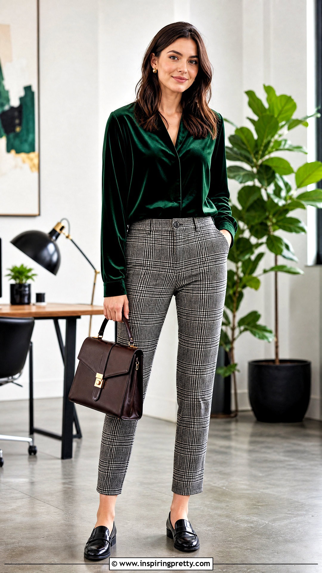 Green Velvet Top With Plaid Trousers - What To Wear With Green Velvet Top (25 Ways)