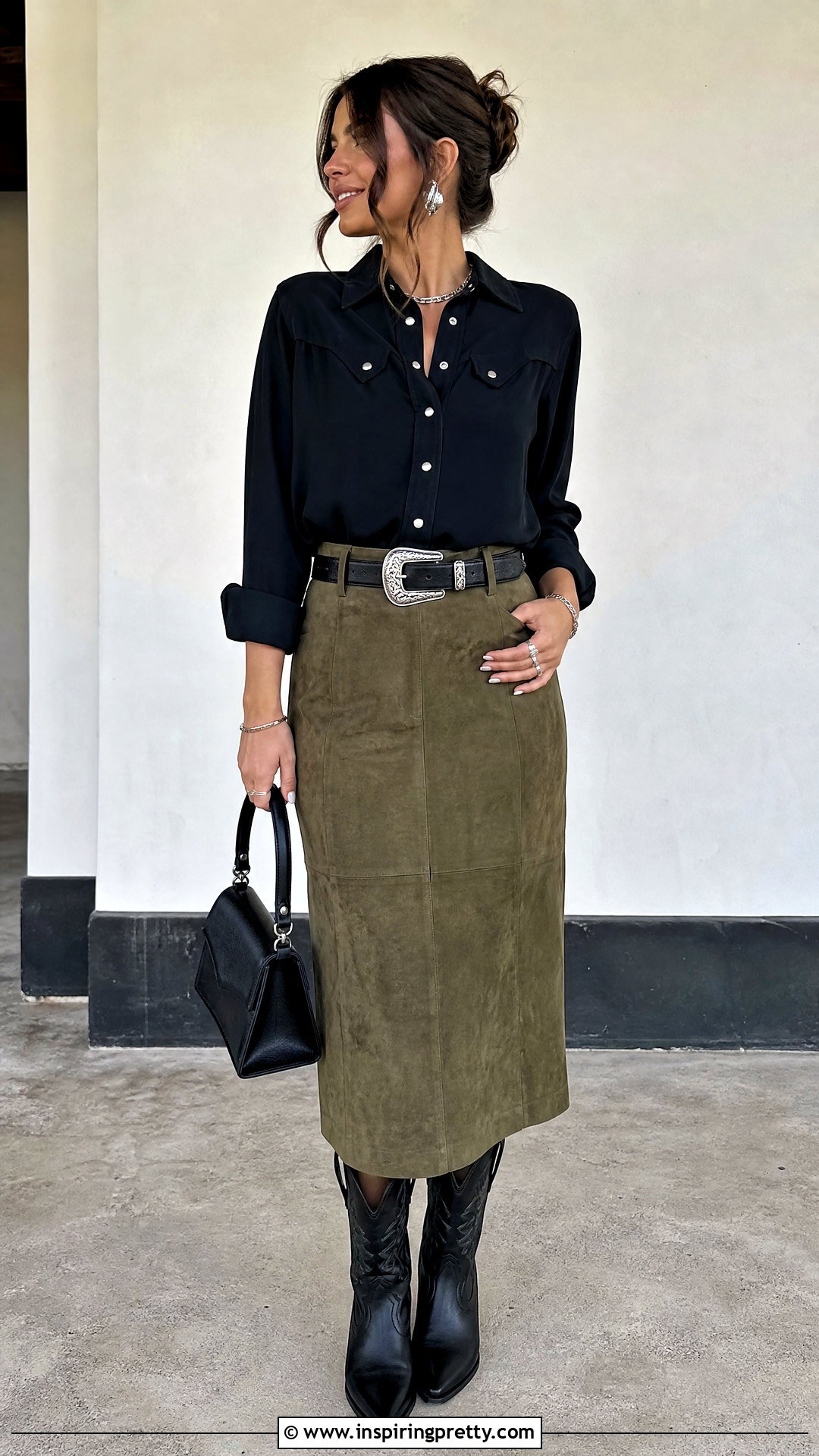 Green Western Skirt And Black Western Shirt - 50 western skirt and top outfit ideas