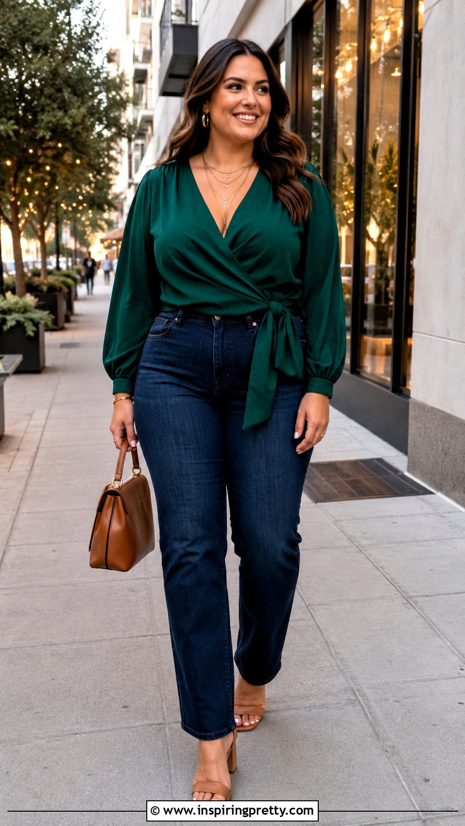 Green Wrap Top With Dark Jeans - 50 pretty tops outfit ideas