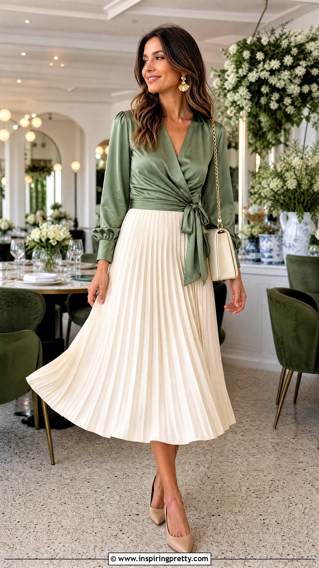 Green Wrap Top With Pleated Midi Skirt - 25 Fancy Green Top outfit ideas