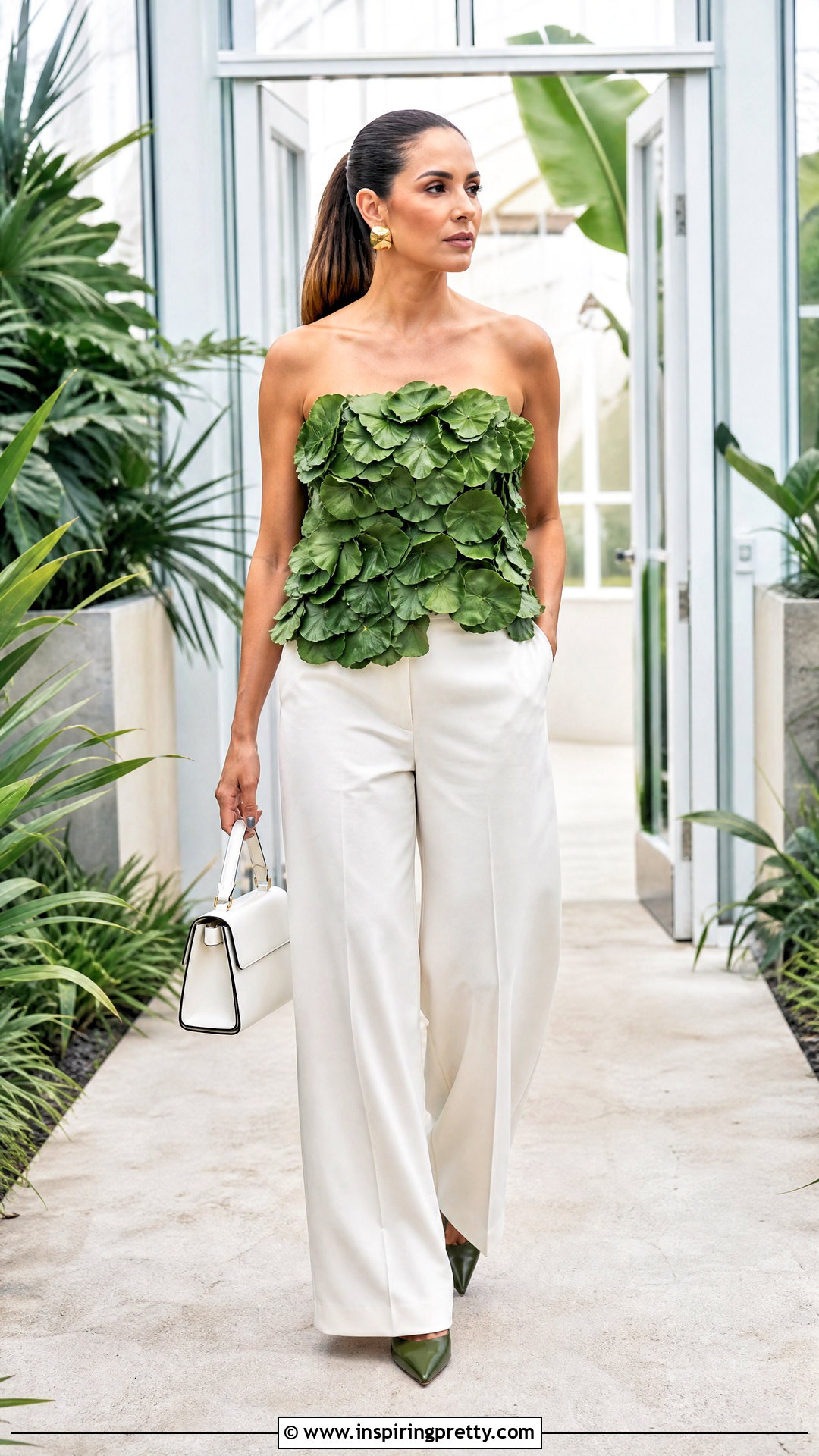 Greenery Flower Top With White Wide Leg Pants - 50 flower top photoshoot ideas