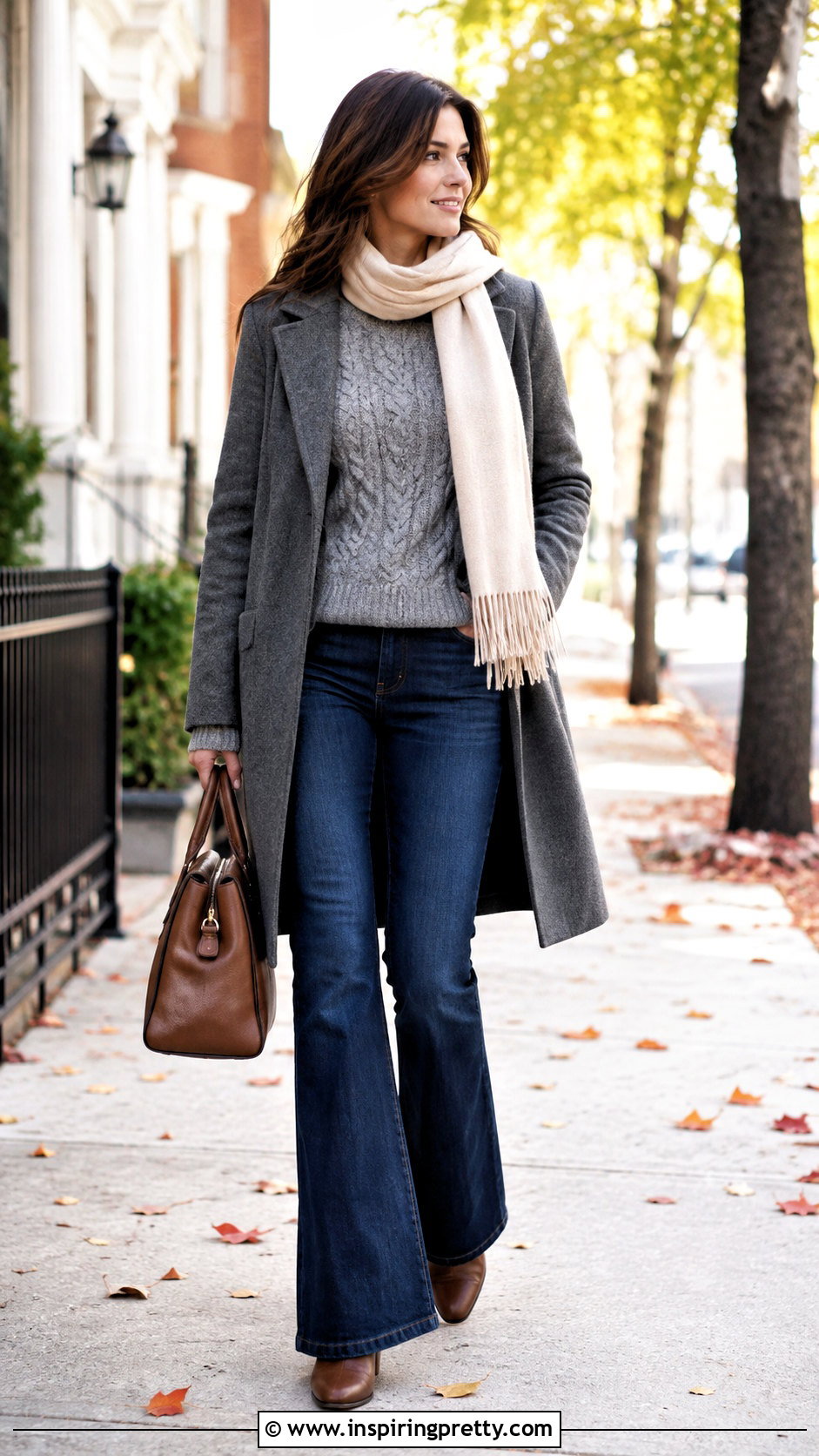 Grey Cable Knit Sweater And Bootcut Jeans - 50 grey top and jeans outfit ideas
