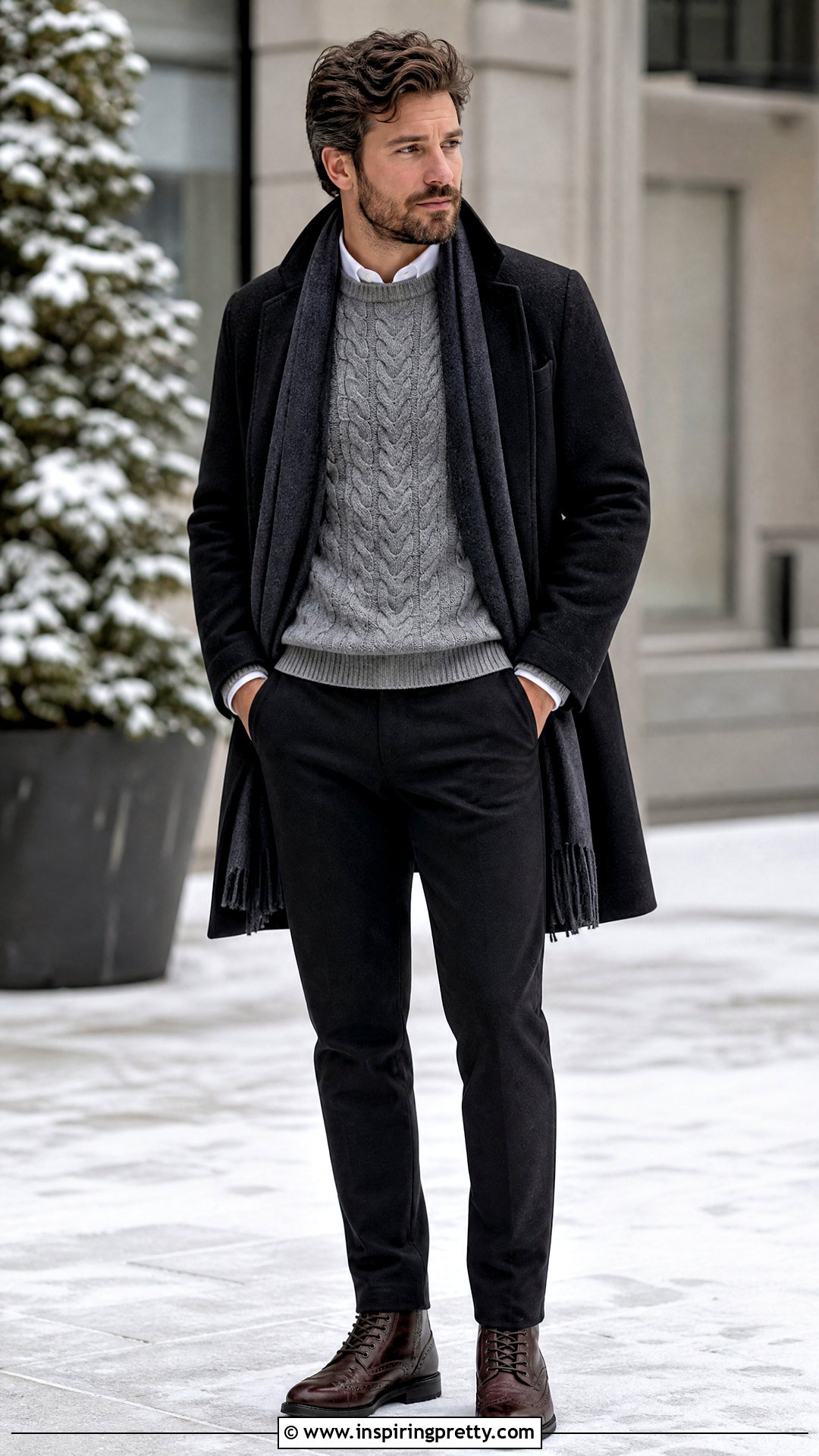 Grey Cable Knit Sweater With Black Pants - 20 Grey Top Black Pants Men