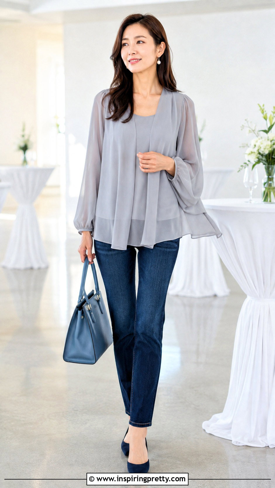 Grey Chiffon Blouse And Dark Blue Jeans - 50 grey top and jeans outfit ideas