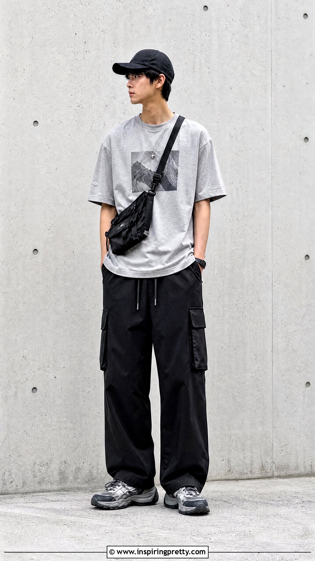 Grey Graphic T Shirt With Black Cargo Pants - 20 Grey Top Black Pants Men