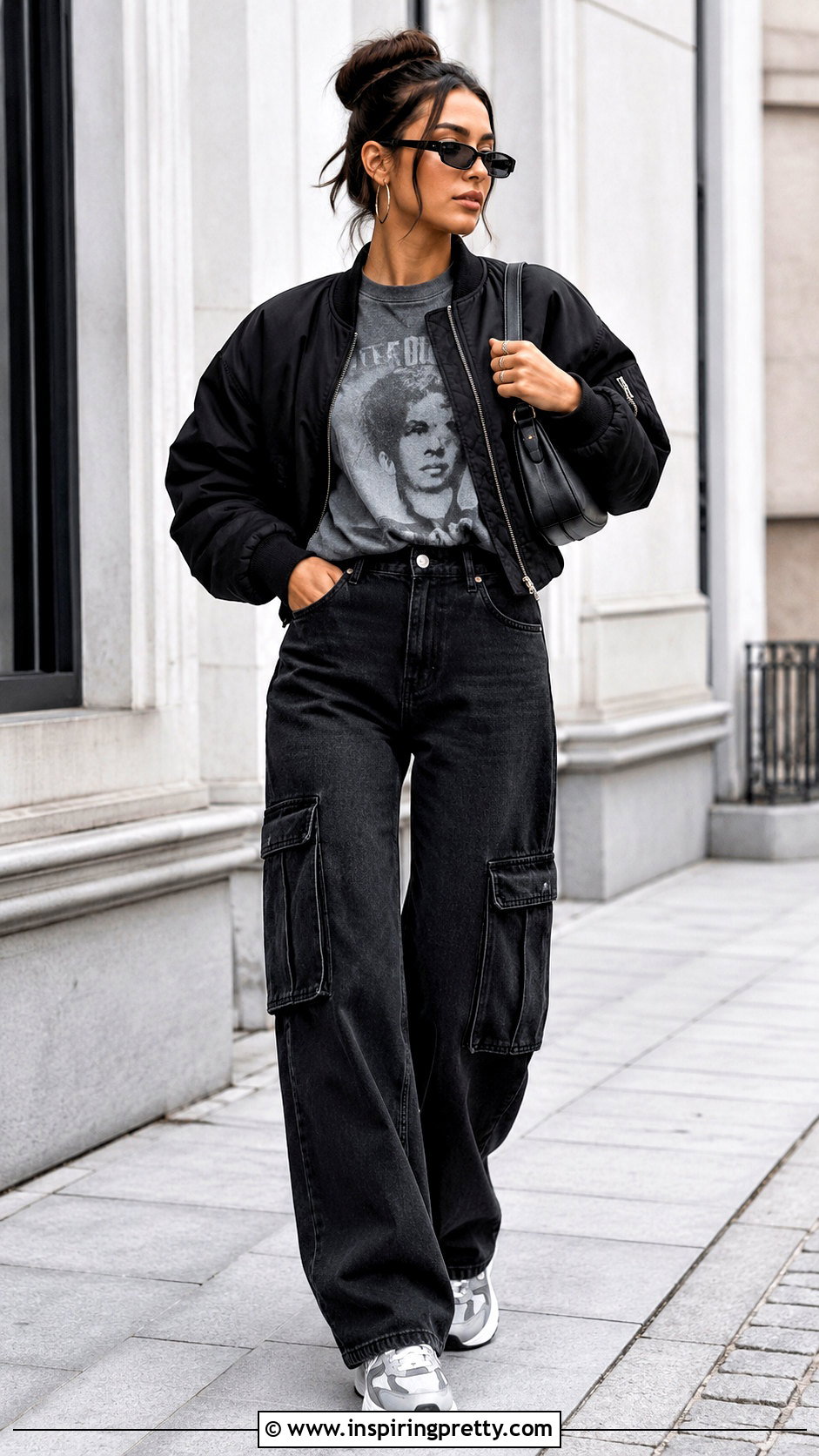 Grey Graphic T Shirt With Cargo Jeans - 50 grey top outfit ideas