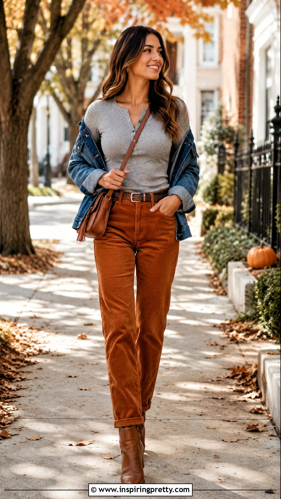 Grey Henley Top With Corduroy Pants - 50 grey top outfit ideas