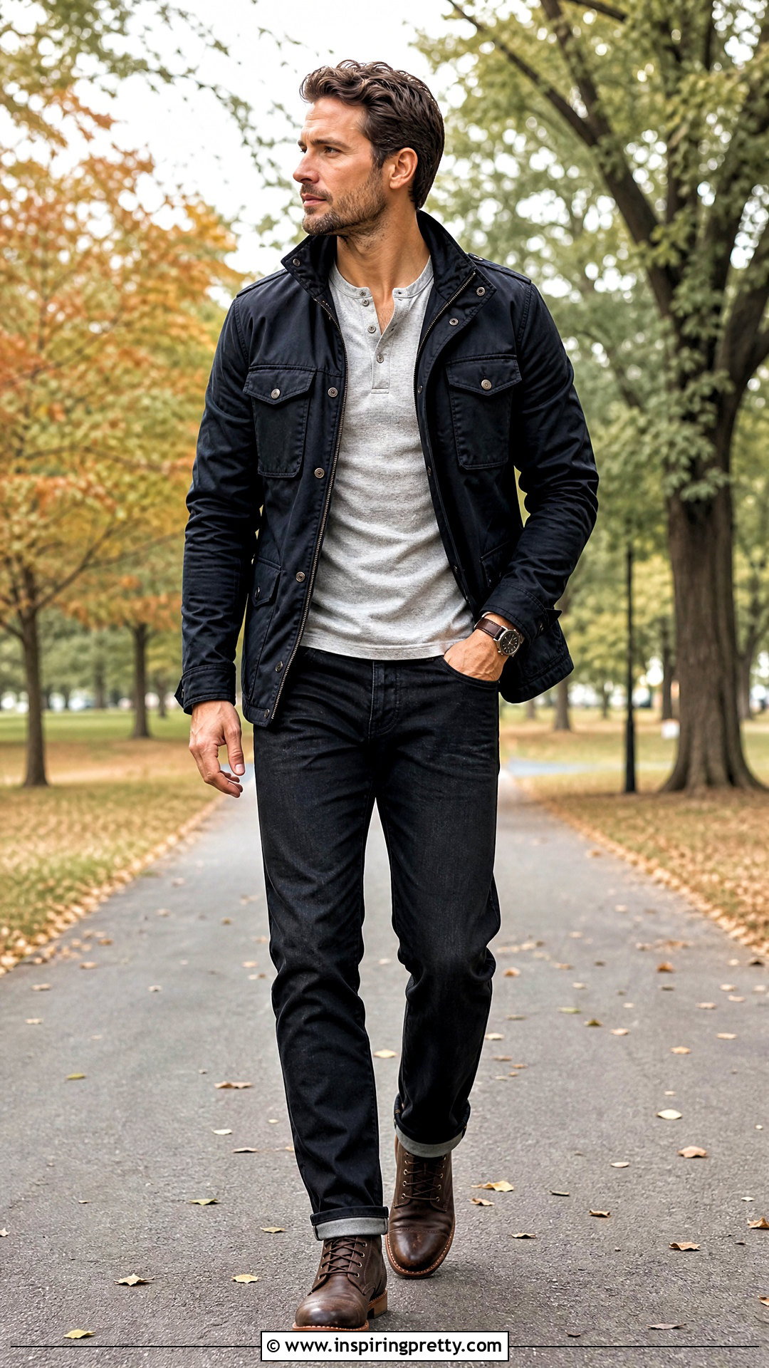 Grey Henley With Black Jeans - 20 Grey Top Black Pants Men