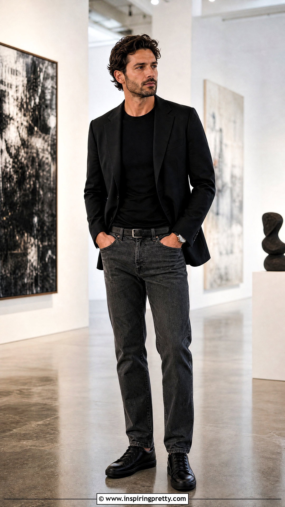 Grey Jeans Black Blazer T Shirt Outfit - 25 grey jeans black top men