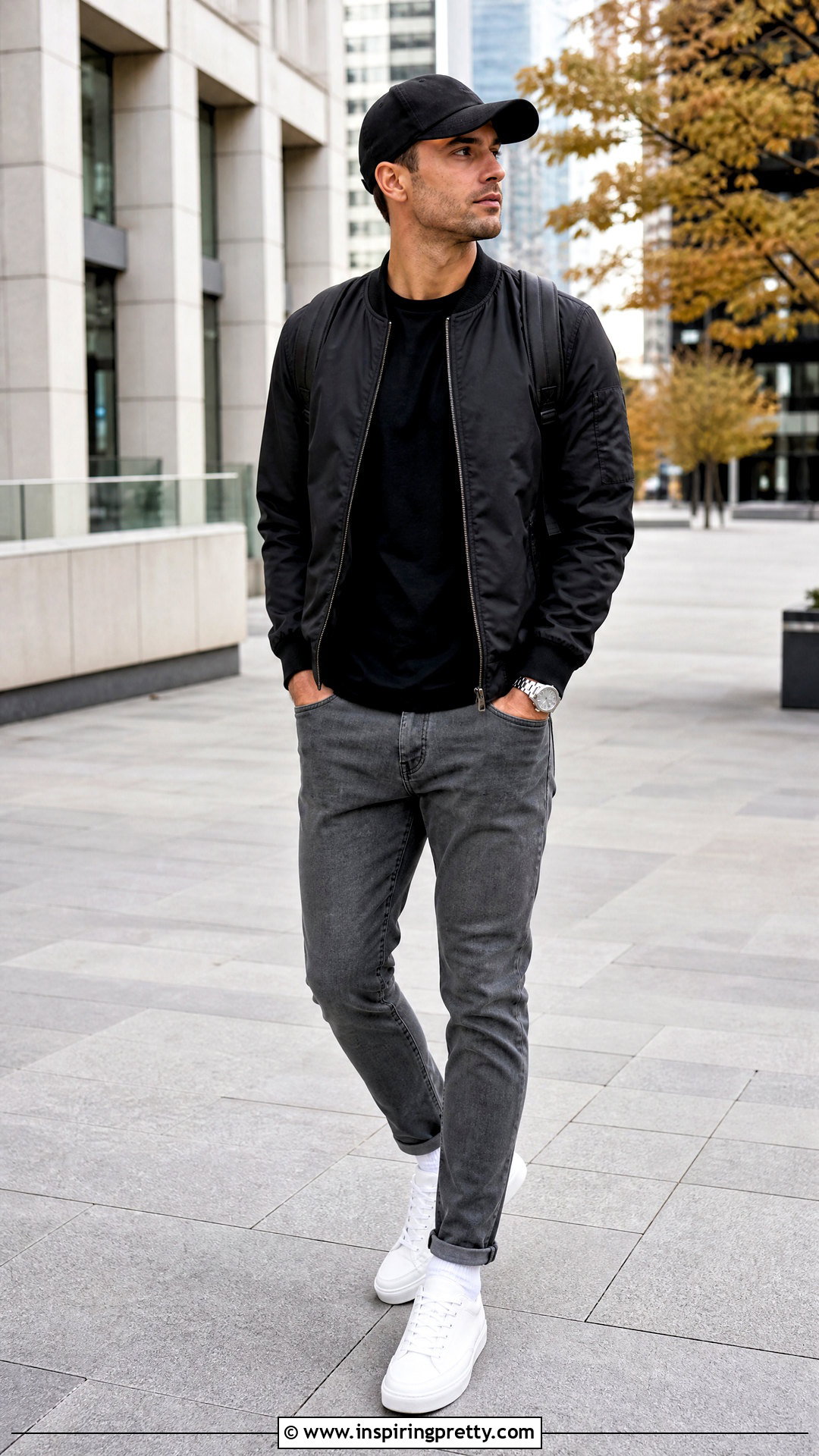 Grey Jeans Black Bomber Jacket Outfit - 25 grey jeans black top men