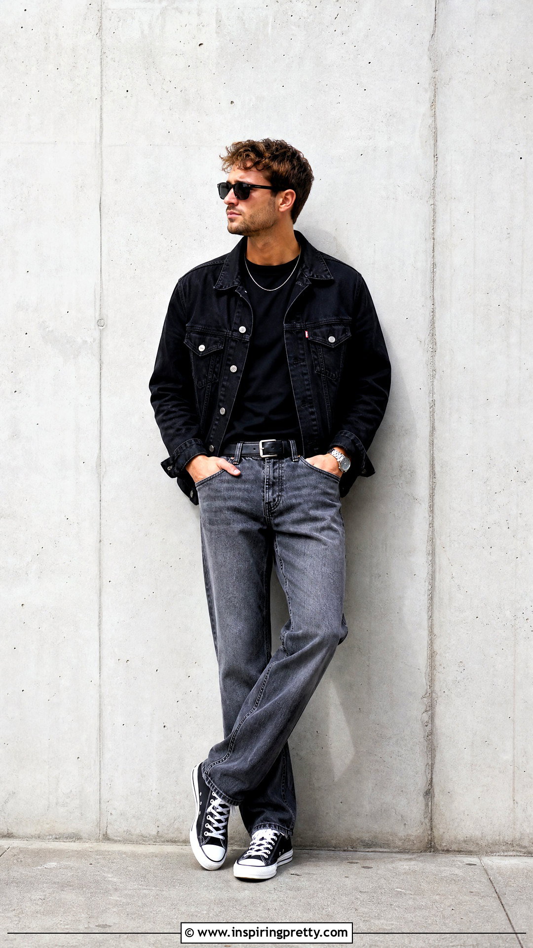 Grey Jeans Black Denim Jacket Outfit - 25 grey jeans black top men