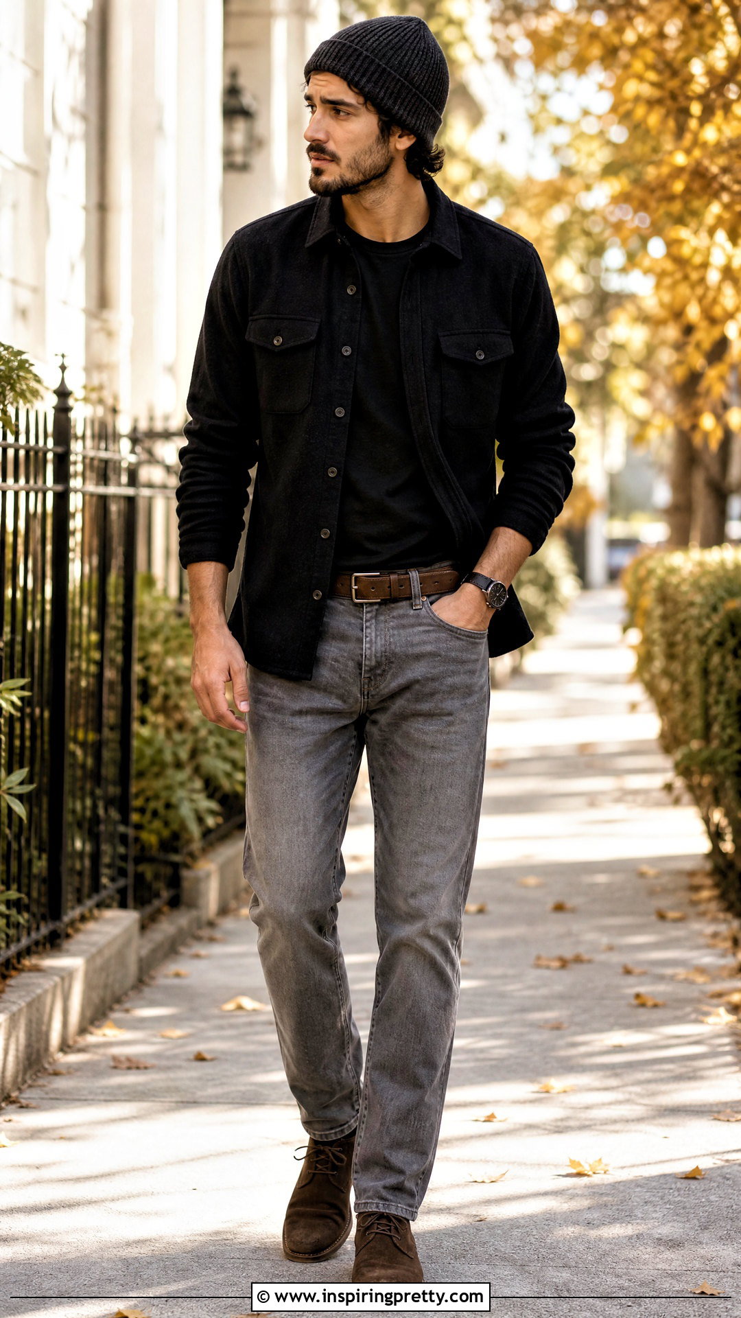 Grey Jeans Black Flannel Shirt Outfit - 25 grey jeans black top men