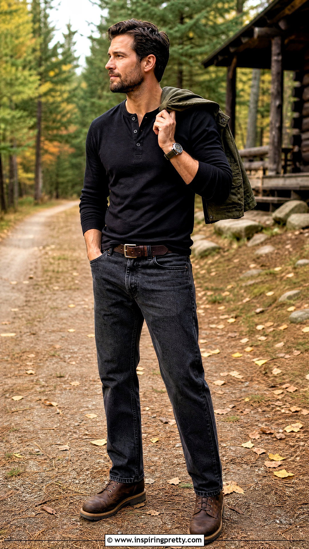Grey Jeans Black Henley Work Boots Outfit - 25 grey jeans black top men