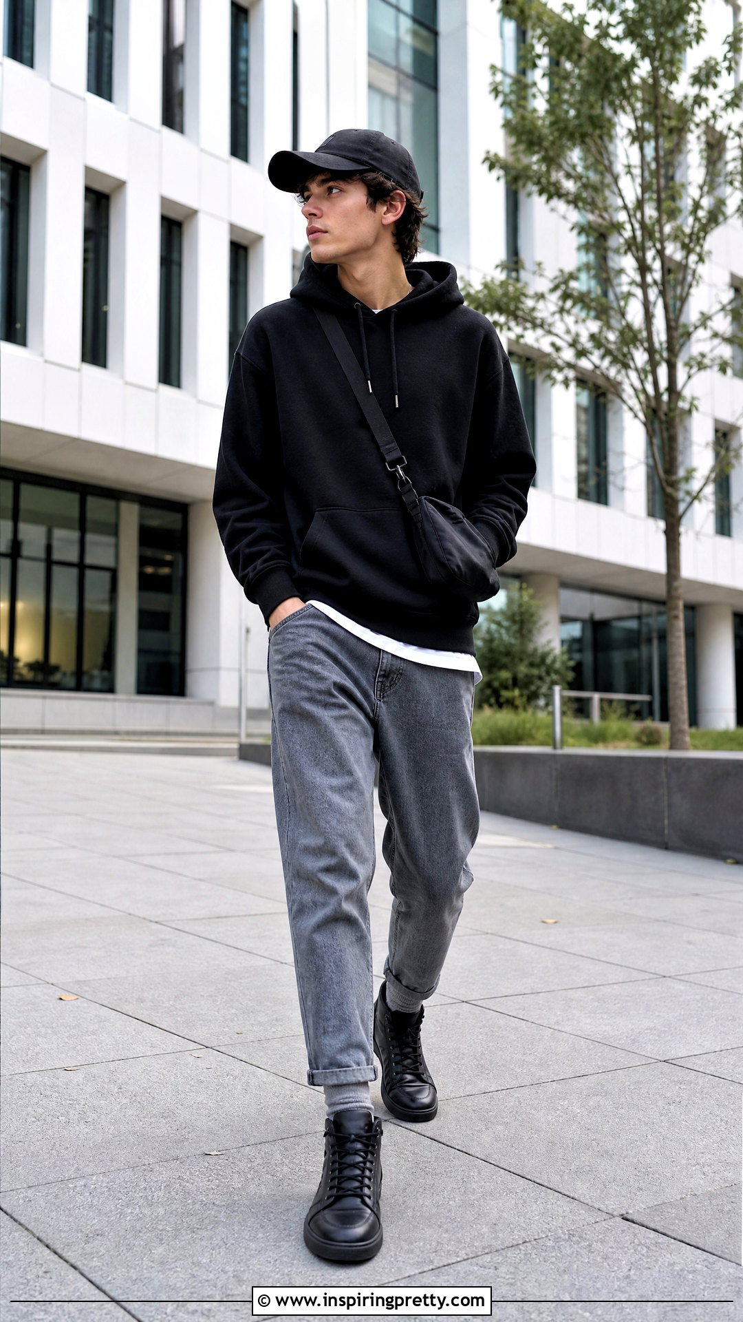 Grey Jeans Black Hoodie High Top Sneakers Outfit - 25 grey jeans black top men