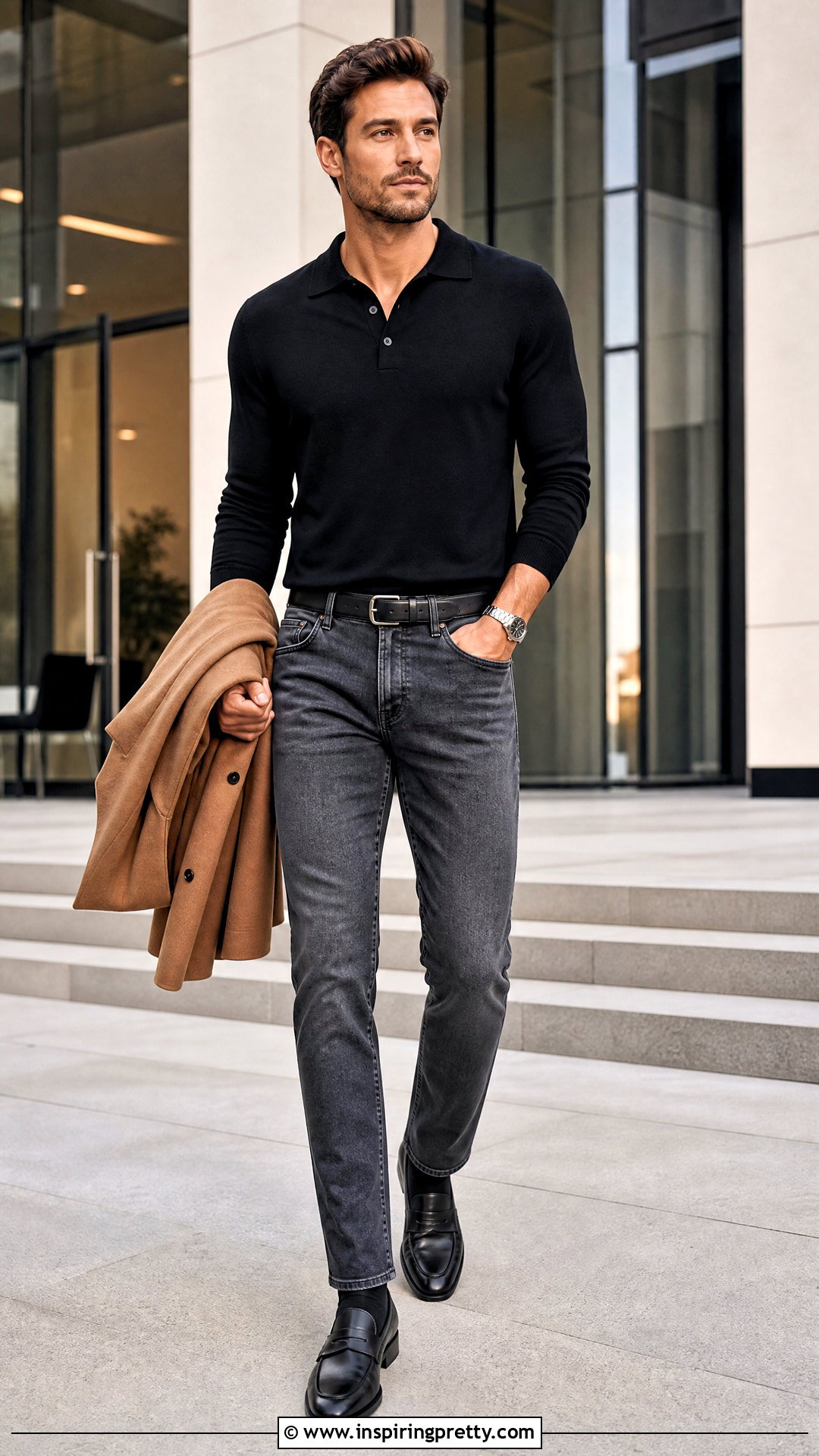 Grey Jeans Black Knit Polo Outfit - 25 grey jeans black top men