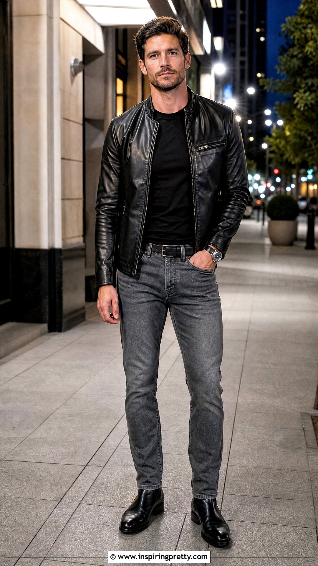 Grey Jeans Black Leather Jacket Outfit - 25 grey jeans black top men