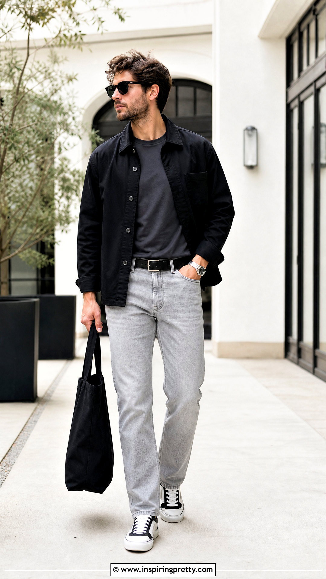 Grey Jeans Black Overshirt Sneakers Outfit - 25 grey jeans black top men