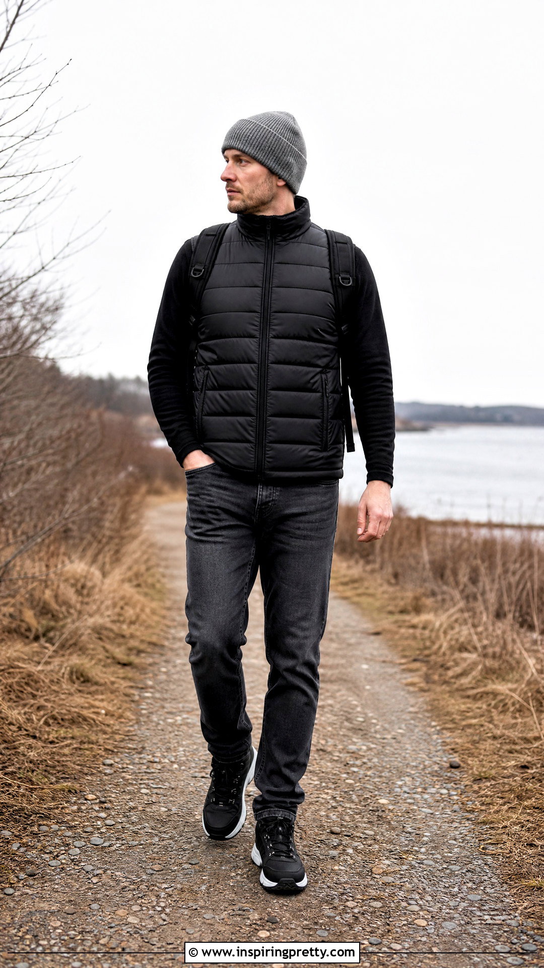 Grey Jeans Black Puffer Vest Outfit - 25 grey jeans black top men