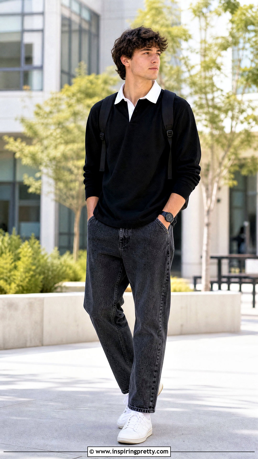 Grey Jeans Black Rugby Shirt Outfit - 25 grey jeans black top men