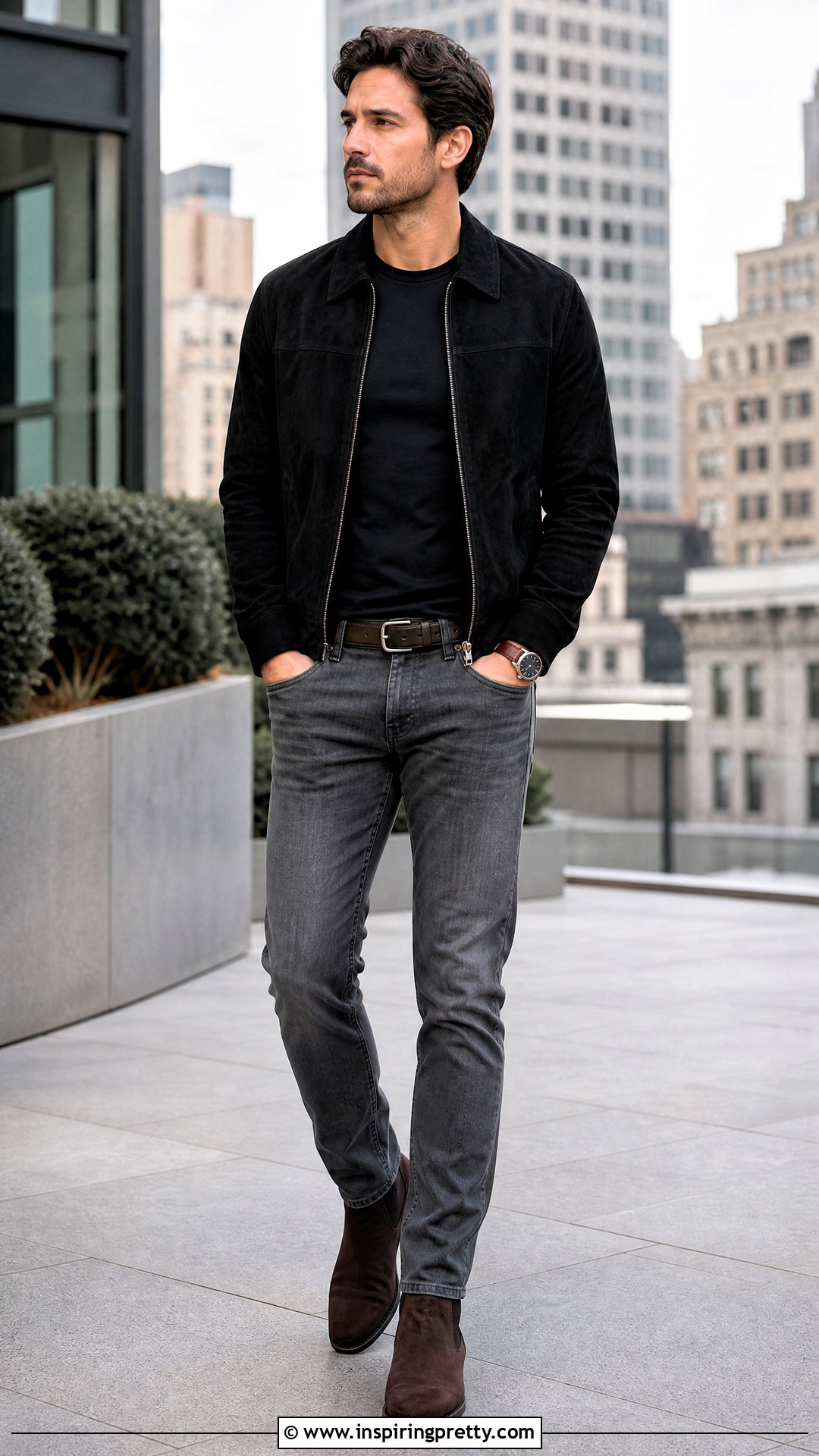 Grey Jeans Black Suede Jacket Outfit - 25 grey jeans black top men
