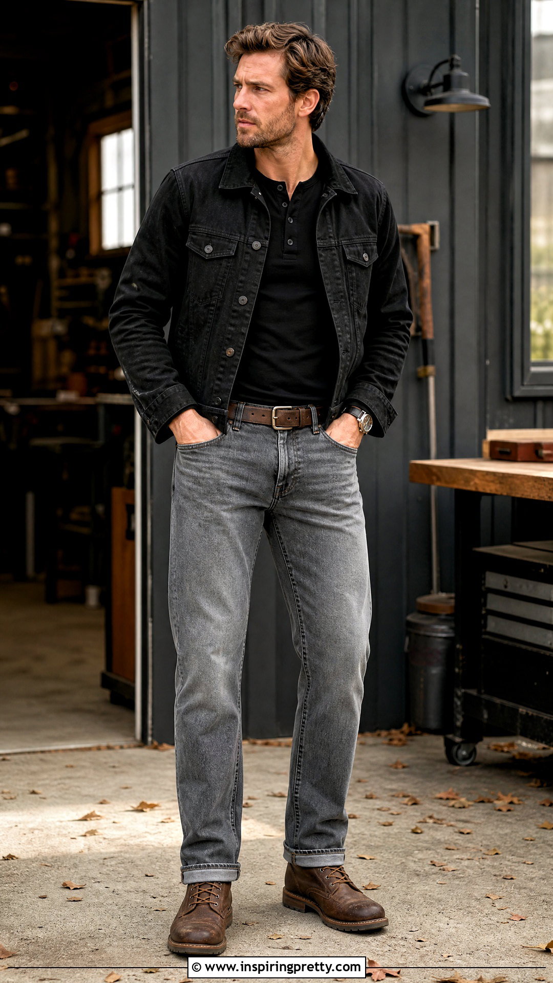 Grey Jeans Black Trucker Jacket Outfit - 25 grey jeans black top men