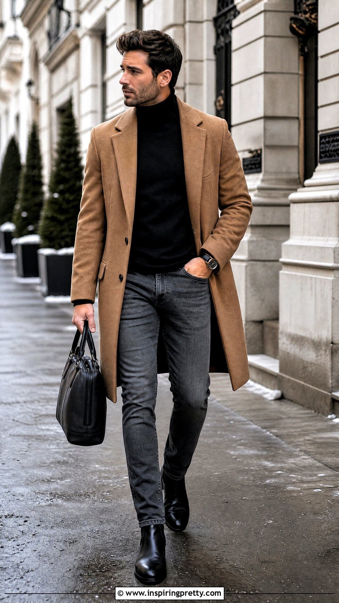 Grey Jeans Black Turtleneck Overcoat Outfit - 25 grey jeans black top men