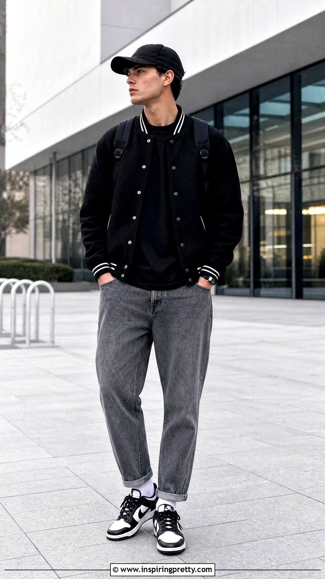 Grey Jeans Black Varsity Jacket Outfit - 25 grey jeans black top men