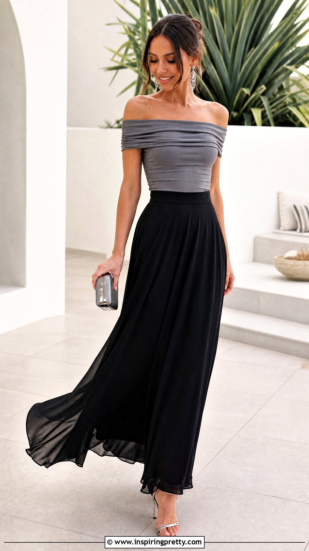 Grey Off Shoulder Top With Black Maxi Skirt - 50 grey off shoulder top outfit ideas