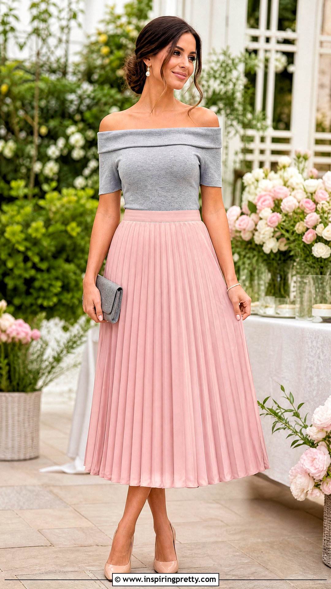 Grey Off Shoulder Top With Blush Pink Skirt - 50 grey off shoulder top outfit ideas