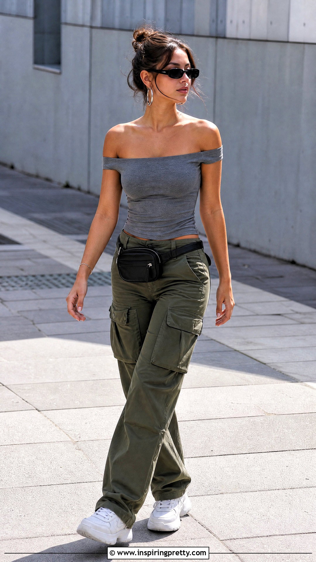 Grey Off Shoulder Top With Cargo Pants - 50 grey off shoulder top outfit ideas