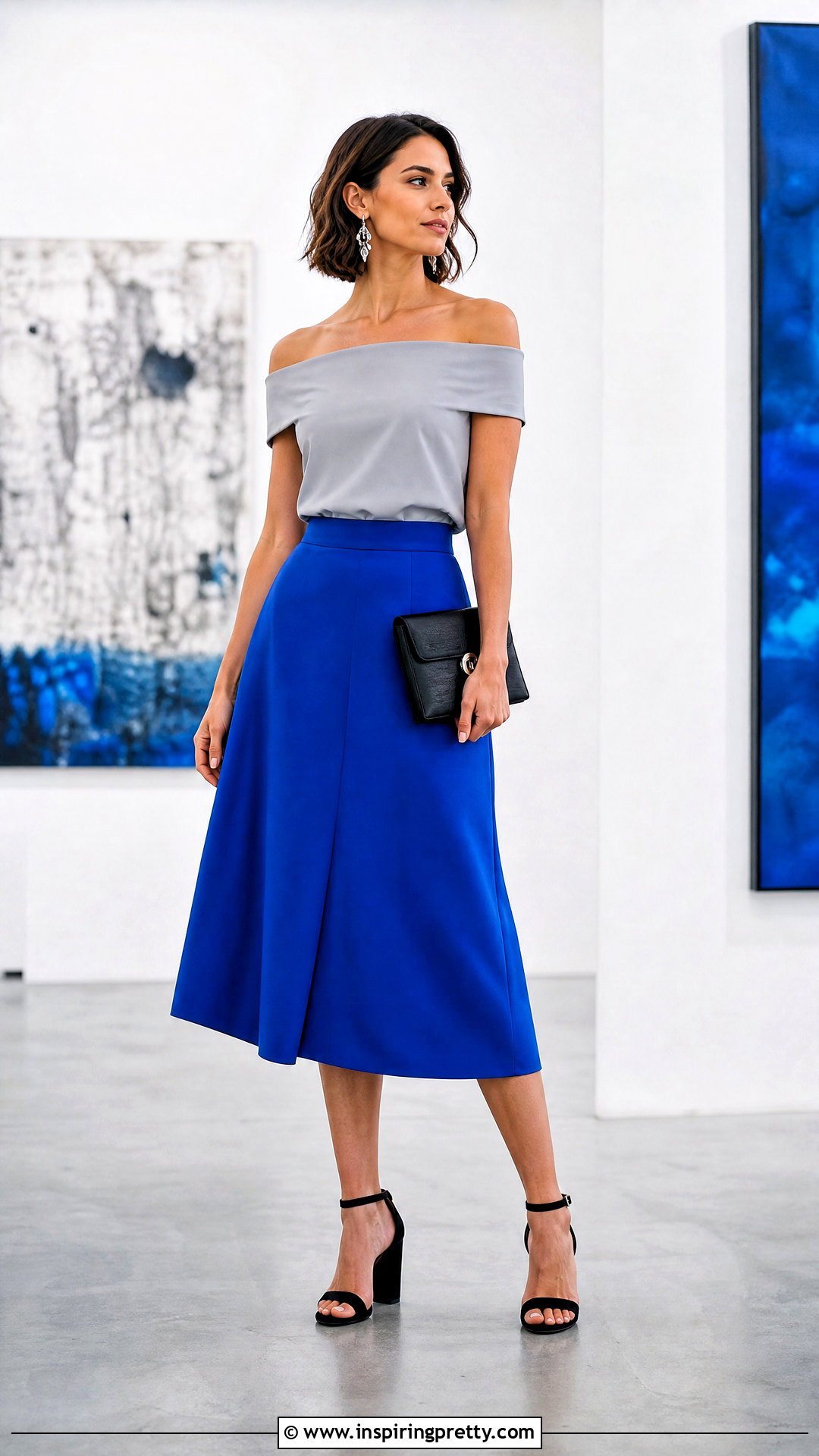 Grey Off Shoulder Top With Cobalt Blue Skirt - 50 grey off shoulder top outfit ideas