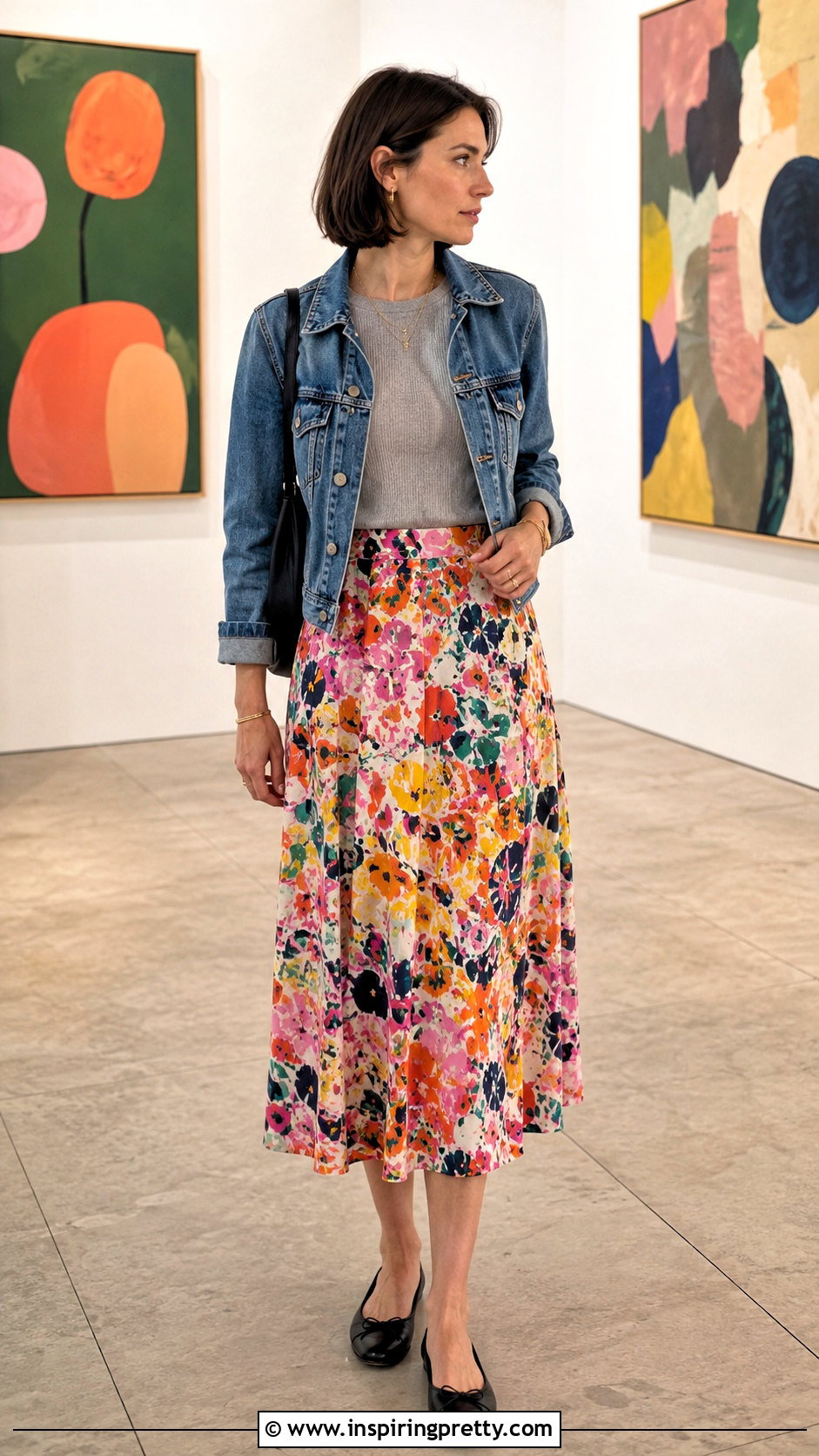 Grey Ribbed Top With Printed Skirt - 50 grey top outfit ideas