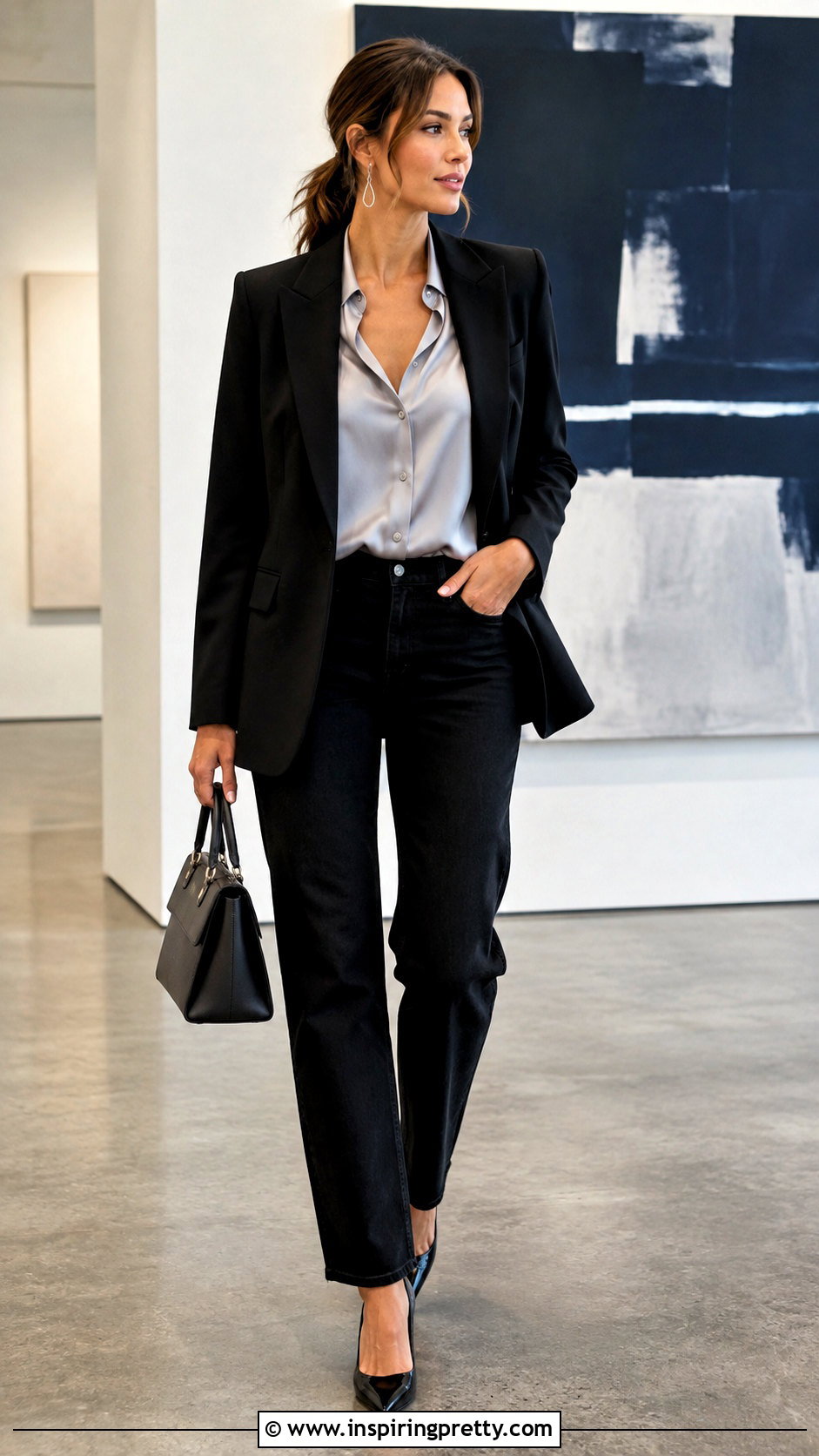 Grey Satin Blouse And Black Jeans - 50 grey top and jeans outfit ideas