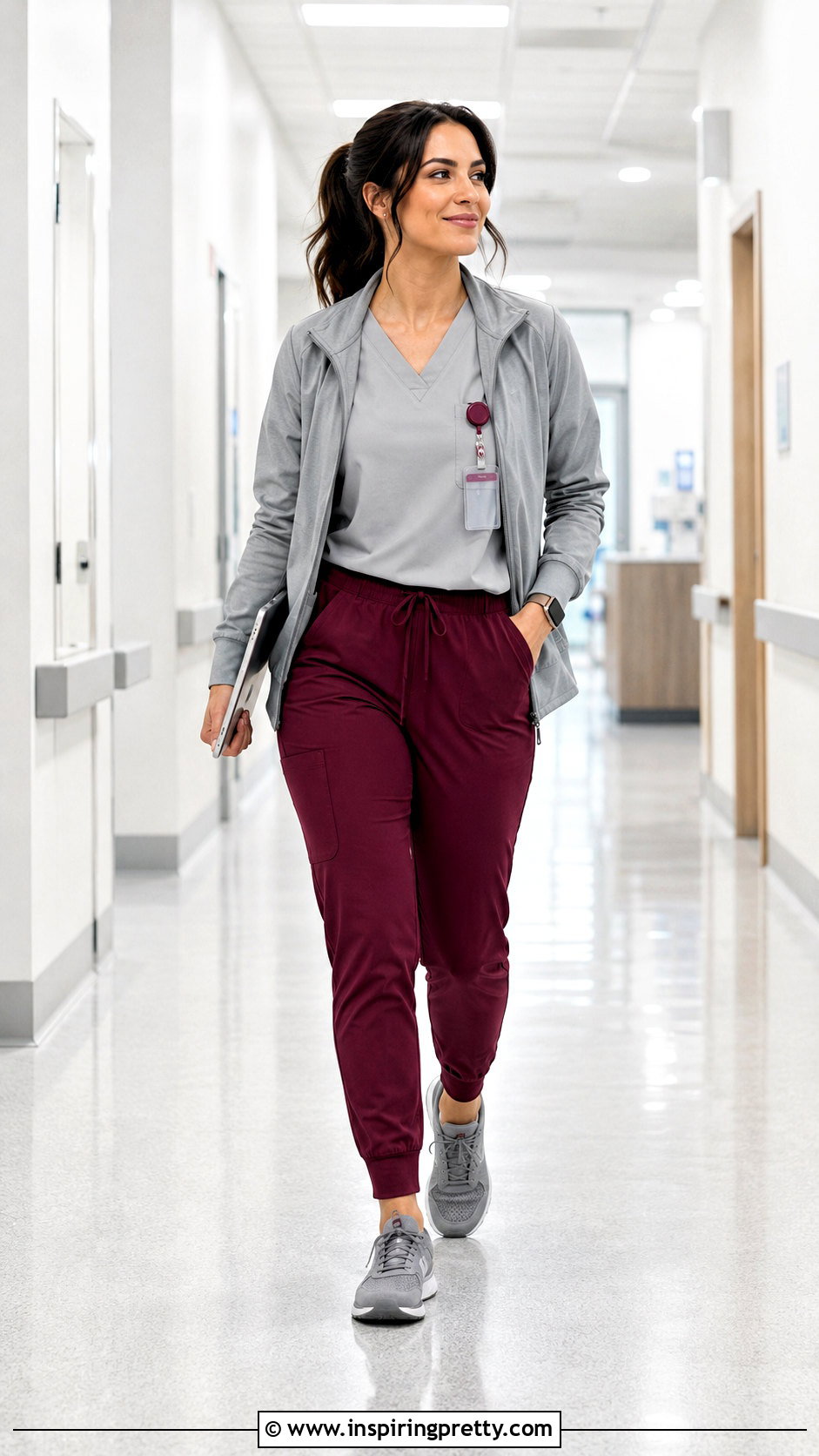 Grey Scrub Top With Burgundy Scrub Pants - 20 Grey Scrub Top outfit ideas