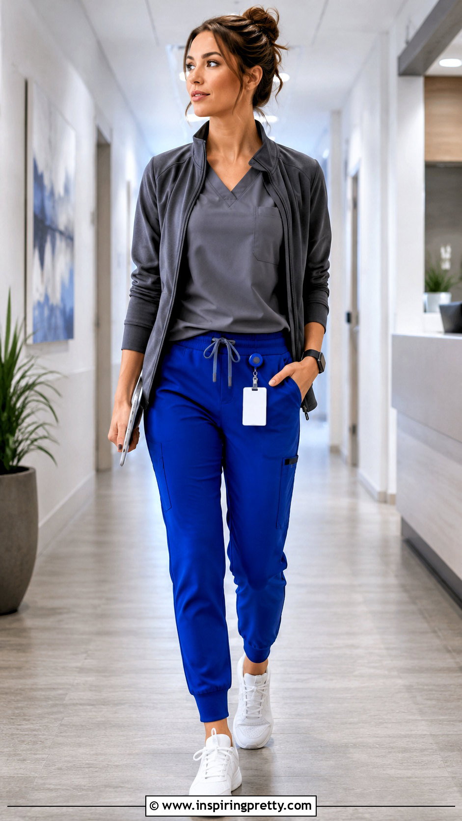 Grey Scrub Top With Royal Blue Joggers - 20 Grey Scrub Top outfit ideas