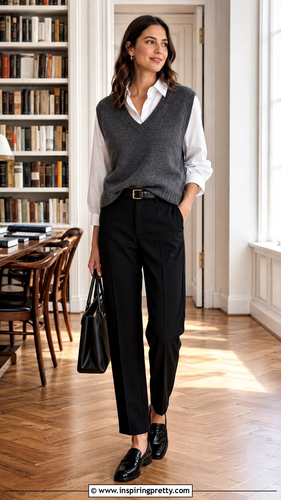 Grey Sweater Vest With White Shirt And Trousers - 50 grey top outfit ideas