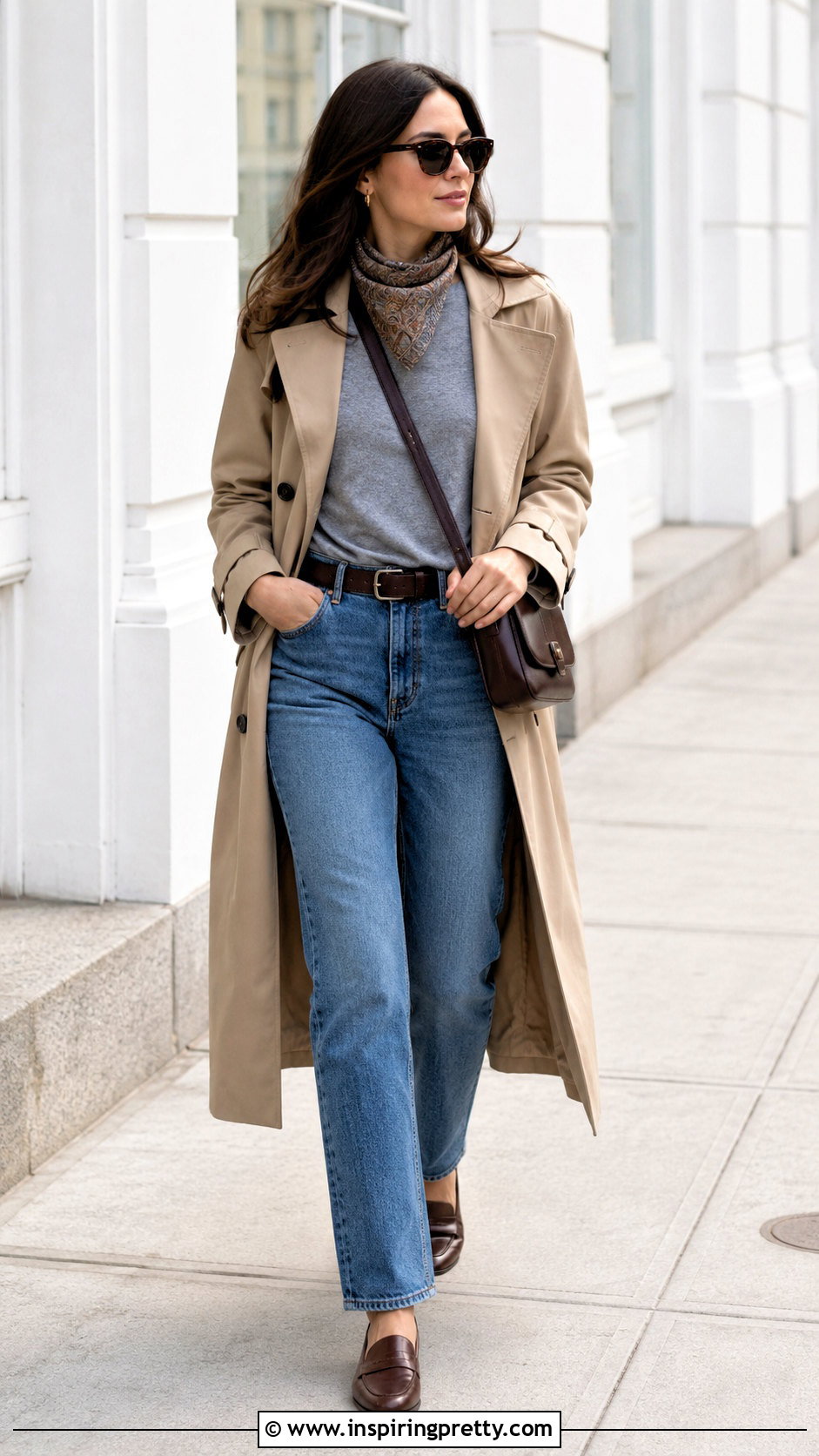 Grey T Shirt And Jeans With A Trench Coat - 50 grey top and jeans outfit ideas