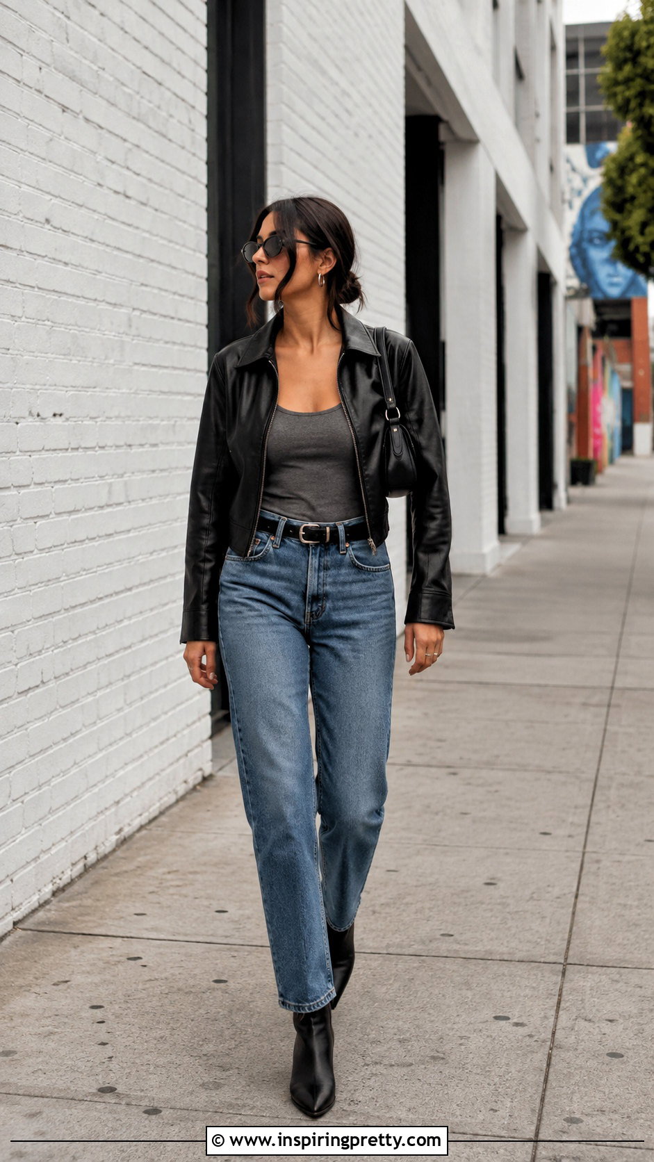 Grey Tank Top And Jeans With A Leather Jacket - 50 grey top and jeans outfit ideas