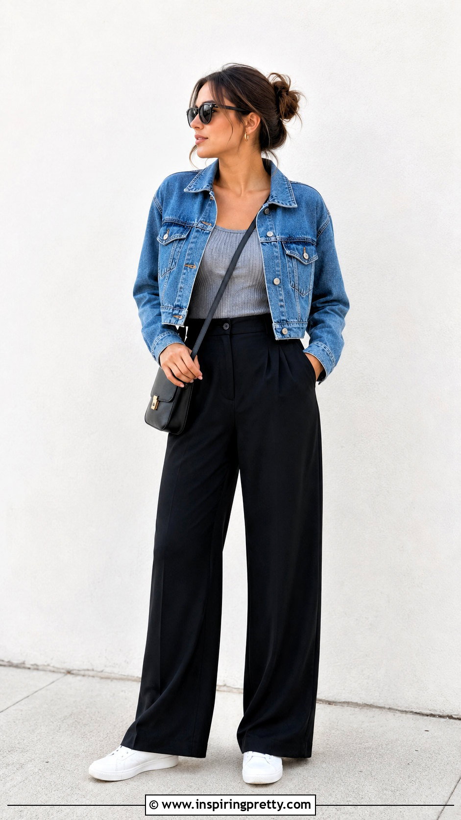 Grey Tank Top With Denim Jacket And Black Pants - 50 grey tank top outfit ideas