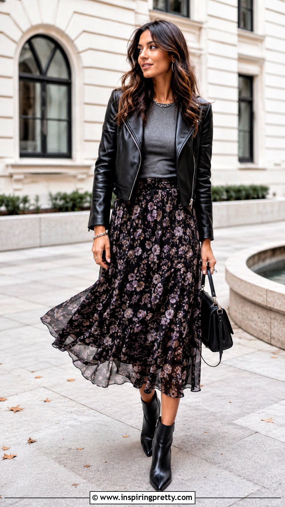 Grey Top With Leather Jacket And Midi Skirt - 50 grey top outfit ideas