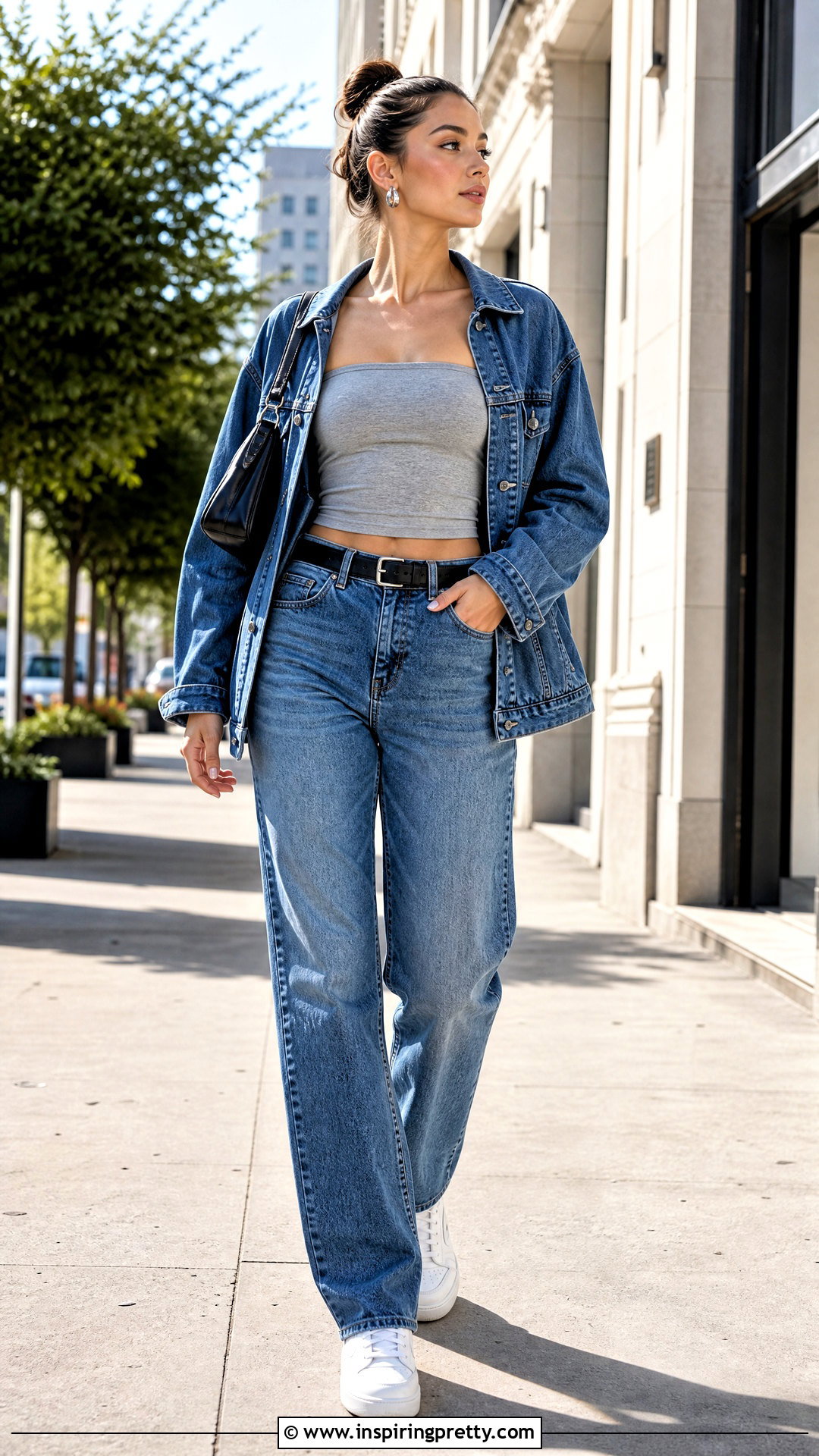 Grey Tube Top With Denim Jacket And Jeans - 50 grey tube top outfit ideas