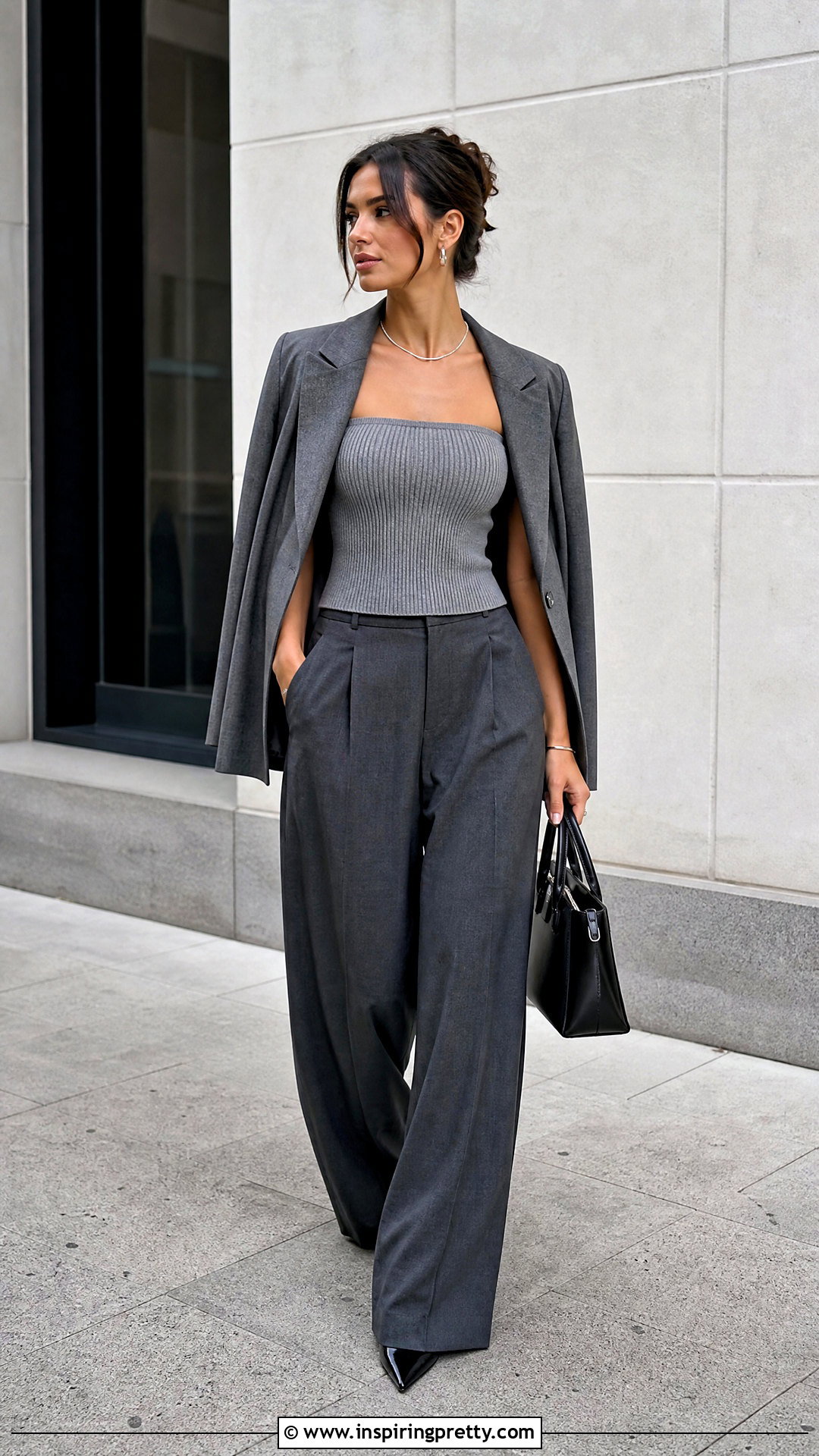 Grey Tube Top With Grey Wide Leg Pants - 50 grey tube top outfit ideas