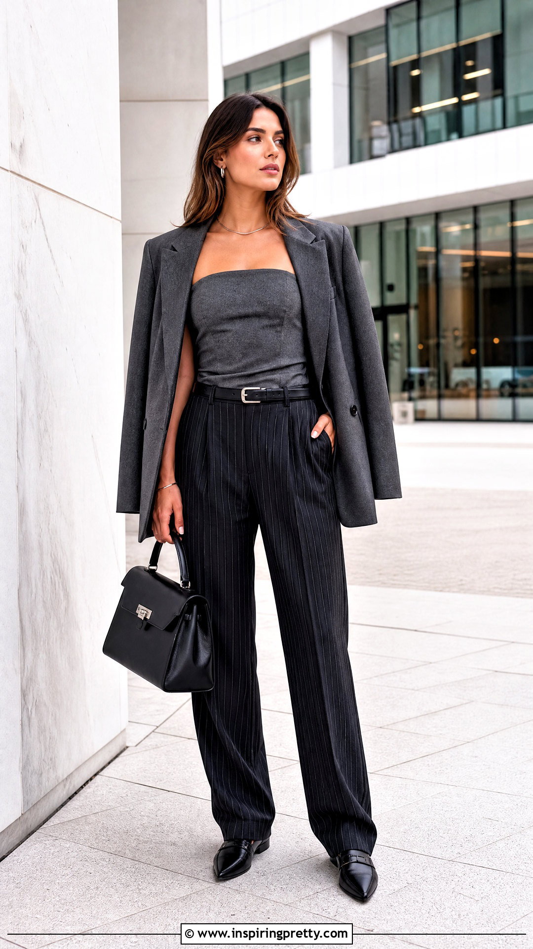 Grey Tube Top With Pinstripe Trousers - 50 grey tube top outfit ideas