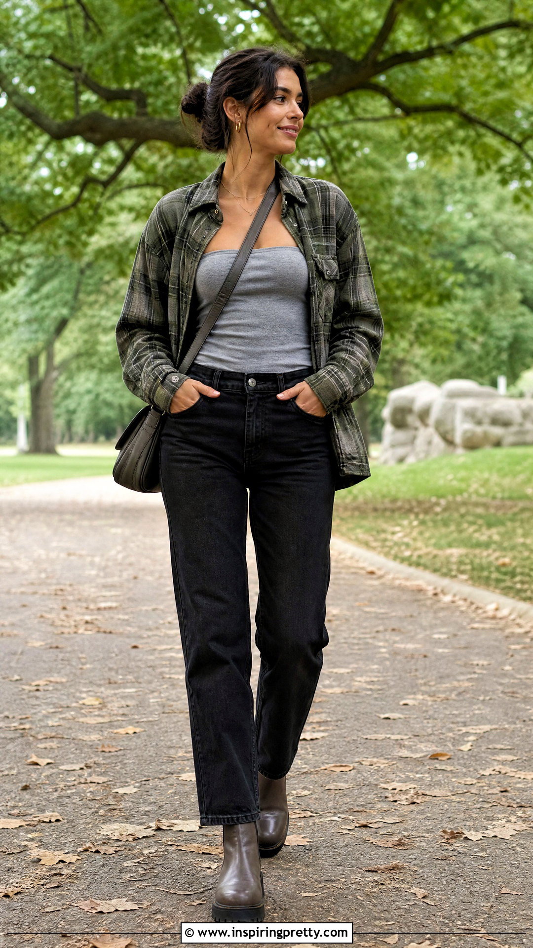 Grey Tube Top With Plaid Overshirt - 50 grey tube top outfit ideas