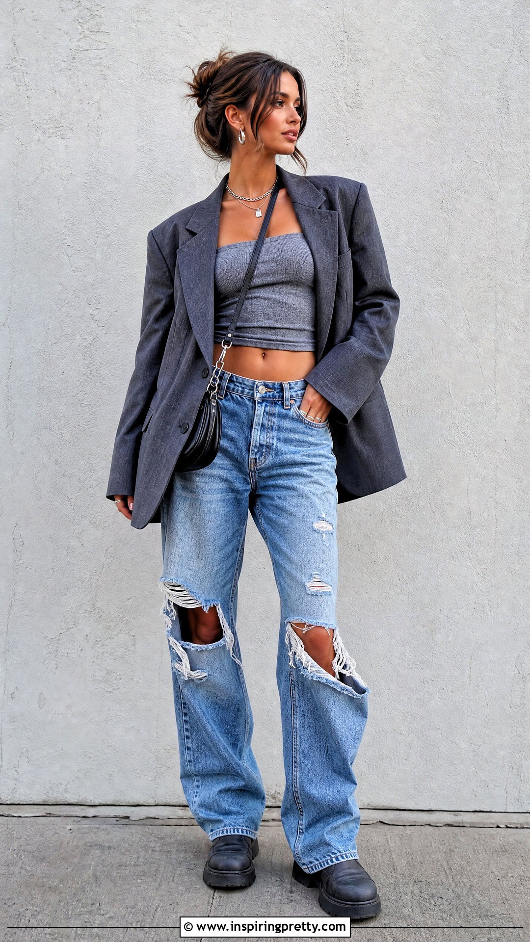Grey Tube Top With Ripped Jeans - 50 grey tube top outfit ideas