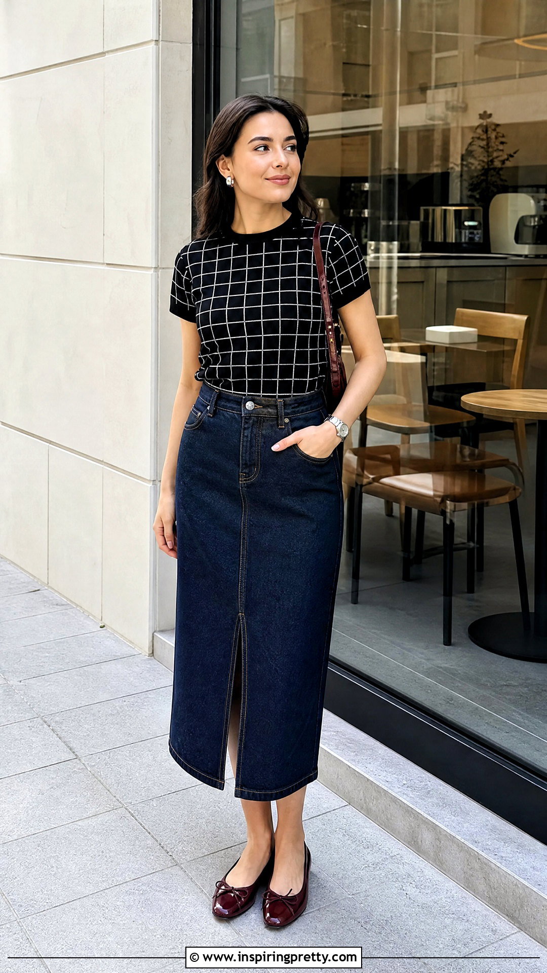Grid Print Top With Denim Midi Skirt - 20 grid print top outfit ideas