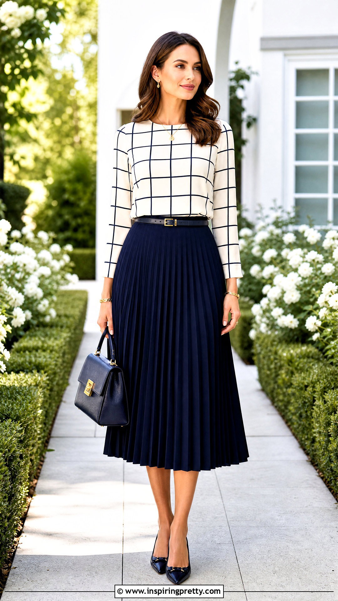 Grid Print Top With Pleated Midi Skirt - 20 grid print top outfit ideas