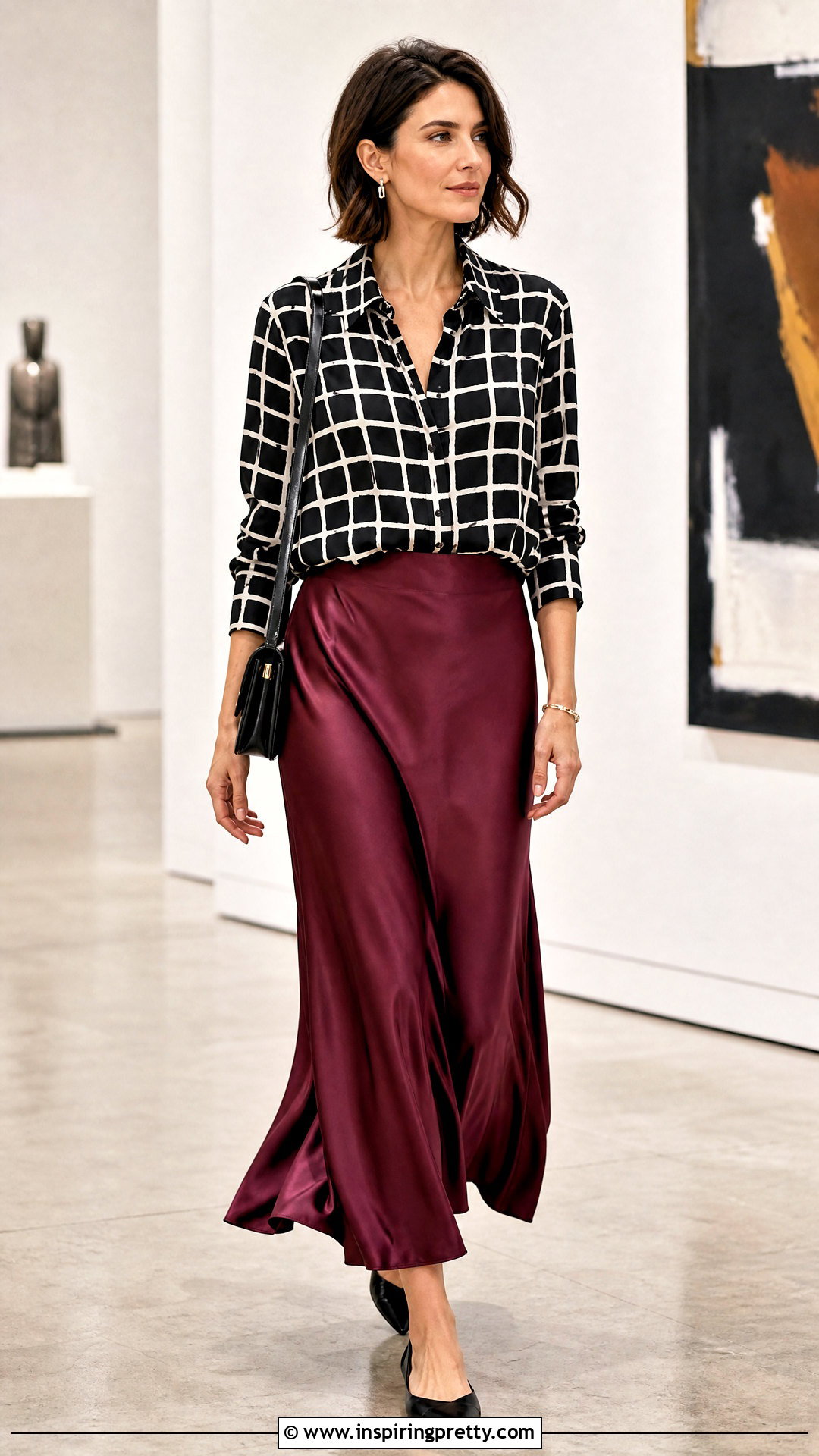 Grid Print Top With Satin Slip Skirt - 20 grid print top outfit ideas