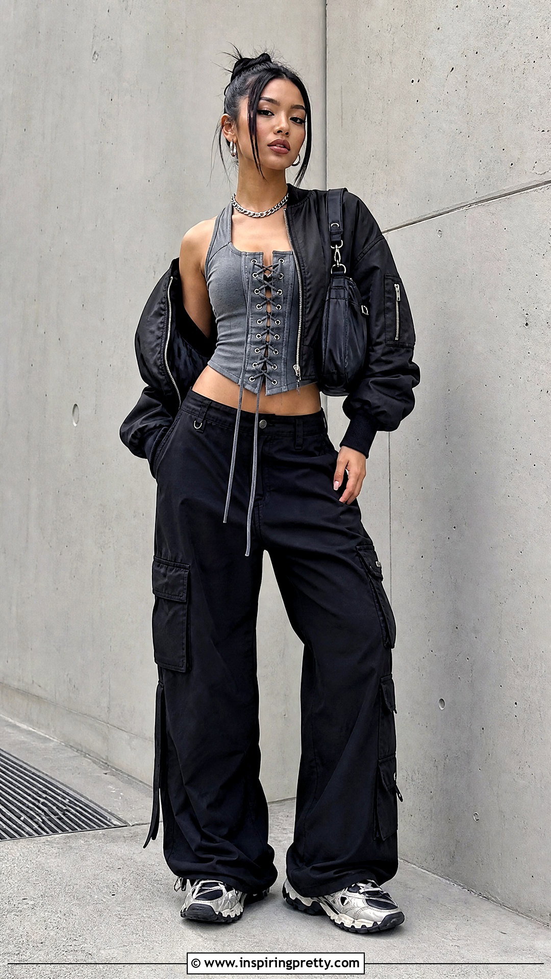 Grommet Lace Up Top With Black Cargo Pants - 25 grommet lace up top outfit ideas