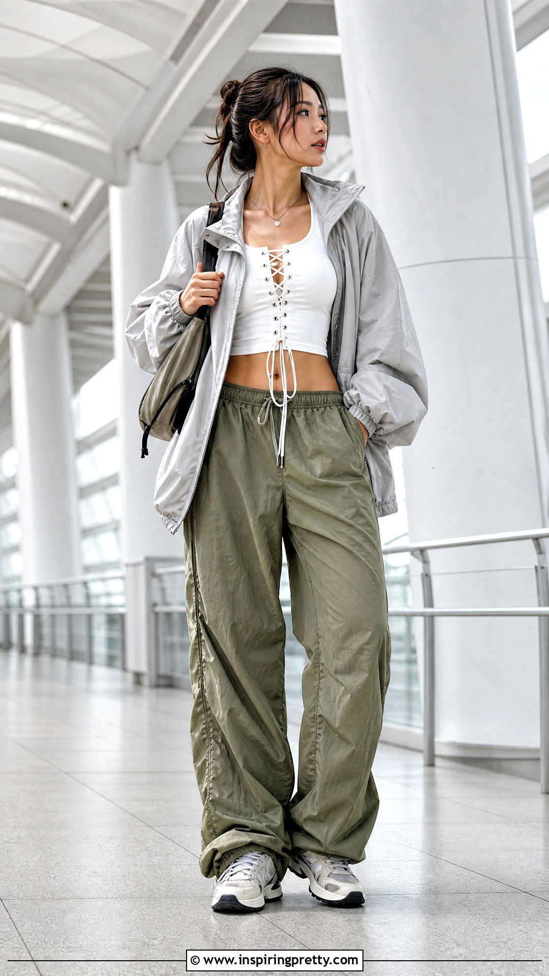 Grommet Lace Up Top With Parachute Pants - 25 grommet lace up top outfit ideas
